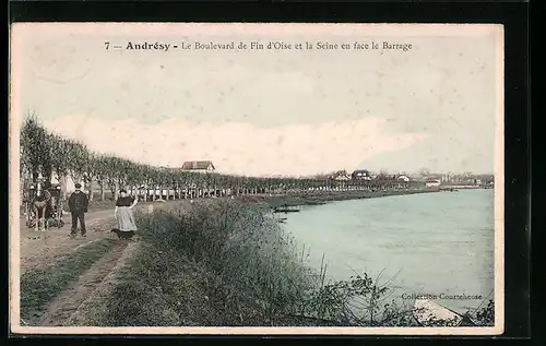 AK Andrésy, Le Boulevard de Fin d`Oise et la Seine en face le Barrage
