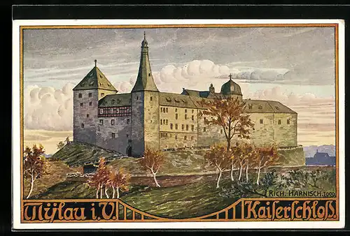 Künstler-AK Mylau /Vogtland, Blick auf das Kaiserschloss