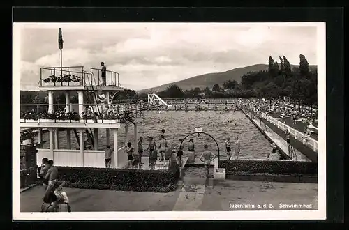 AK Jugenheim a. d. B., Schwimmbad mit Badegästen und Sprungturm