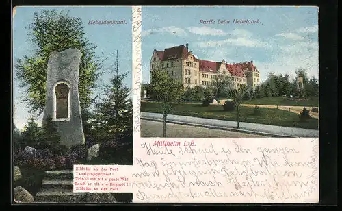 AK Müllheim i. B., Gasthaus Z`Mülle an der Post am Hebelpark, Hebeldenkmal