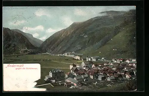 Lithographie Andermatt, Stadtansicht gegen die Schöllenen