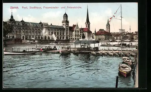 AK Zürich, Bootssteg mit Blick auf Post, Stadthaus und Kirchen