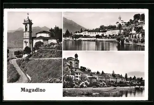 AK Magadino, Kirche, Panorama mit Haus Cancia