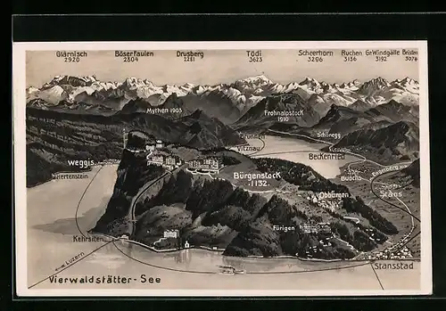 Künstler-AK Stansstad, Vierwaldstätter See mit Orts- und Bergbezeichnungen aus der Vogelschau