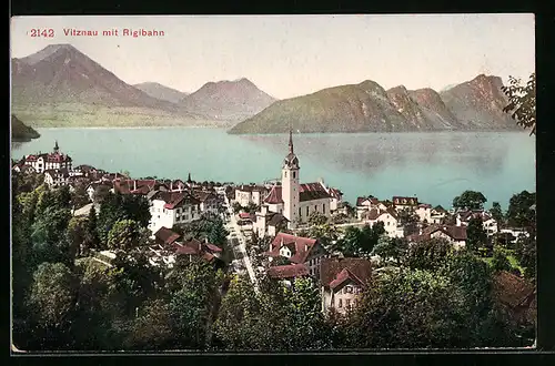 AK Vitznau, Ortsansicht mit Rigibahn aus der Vogelschau