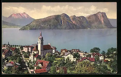 AK Vitznau, Ortsansicht mit Wasser- und Bergblick