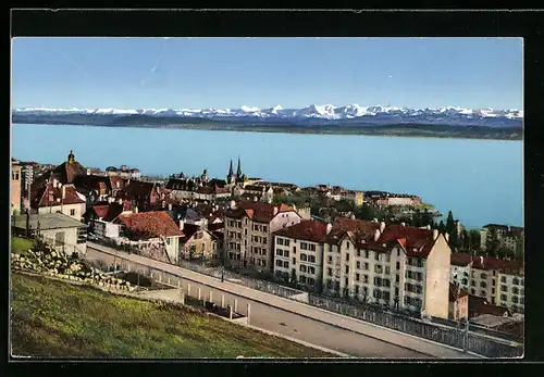 AK Neuchatel, Teilansicht mit Alpenpanorama