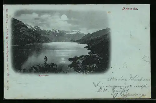 Mondschein-AK Walensee, Walensee aus der Vogelschau