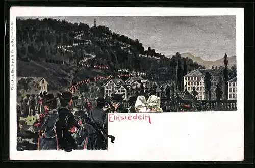 AK Einsiedeln, Lichter-Prozession am Berg bei Nacht