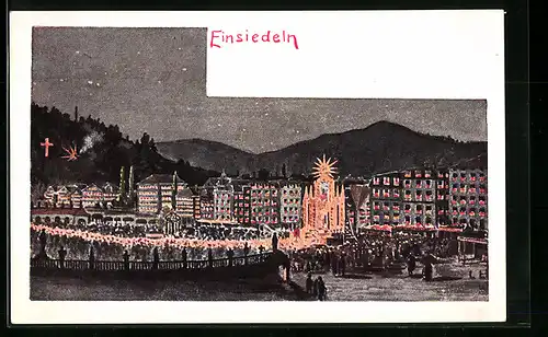 AK Einsiedeln, Lichterprozession bei Nacht, mit Lichterkreuz und Lichtdom