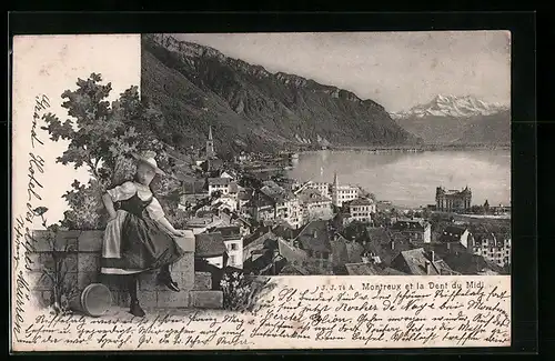 AK Montreux, Teilansicht mit Dent du Midi, Trachtenmädchen