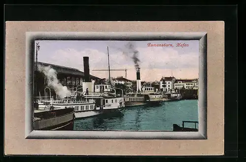 AK Romanshorn, Hafen mit Dampfschiffen