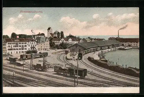 AK Romanshorn, Ortspartie mit Bahnhof und Zügen