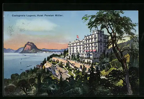 AK Castagnola-Lugano, Hotel Pension Müller mit Uferanlagen