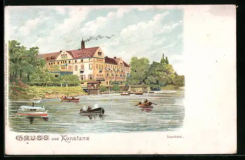 Lithographie Konstanz, Inselhotel mit Bootspartie