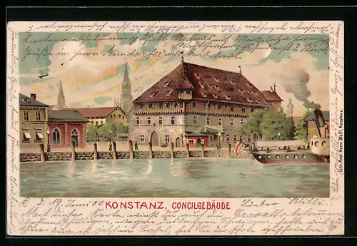 Lithographie Konstanz, Concilgebäude mit Kirchtürmen