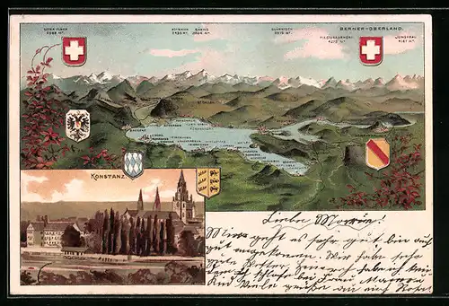 Lithographie Konstanz, Ortspartie mit Kirchen, Bodensee aus der Vogelschau, Wappen
