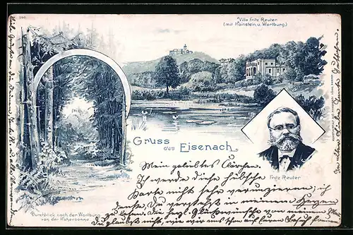 Lithographie Eisenach, Villa Fritz Reuter, Blick auf die Wartburg, Portrait Fritz Reuter