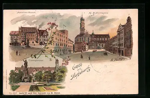 Lithographie Augsburg, Maximilians-Museum, St. Ulrichkirche und Friedensdenkmal
