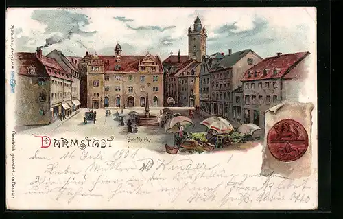 Lithographie Darmstadt, Markt mit Marktbetrieb von oben, Siegel