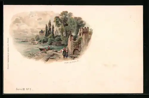 Lithographie Eltville, Uferpartie am Ortseingang