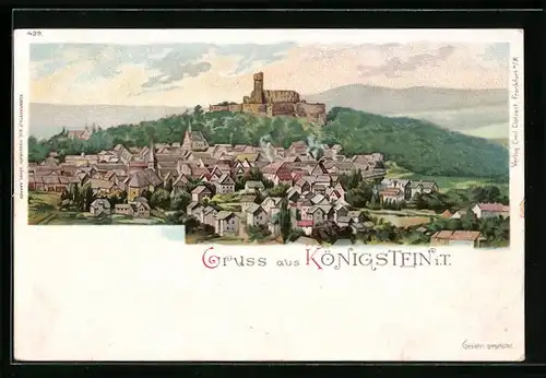 Lithographie Königstein i. T., Ortsansicht mit Burg