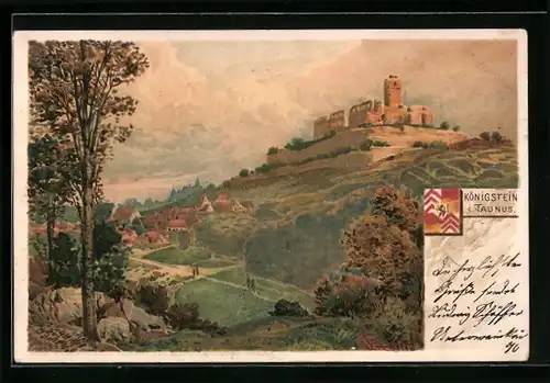 Lithographie Königstein i. Taunus, Blick zur Burg