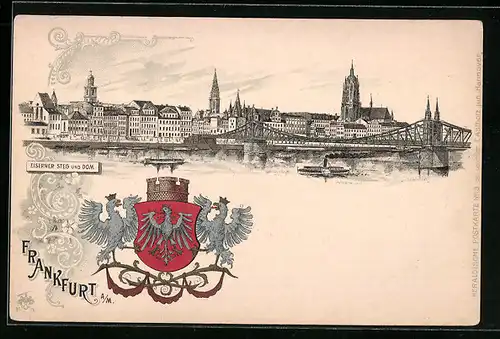Lithographie Alt-Frankfurt, Eiserner Steg und Dom mit Wappen