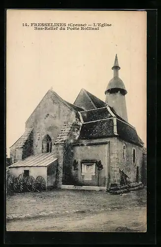 AK Fresselines, L`Eglise, Bas-Relief du Poète Rollinat