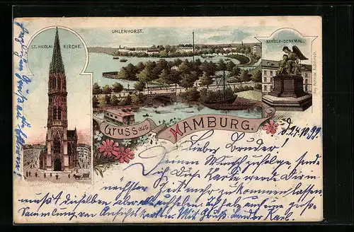 Lithographie Hamburg-Uhlenhorst, Panorama, St. Nicolai Kirche, Krieger-Denkmal