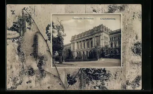 Passepartout-AK Berlin-Charlottenburg, Technische Hochschule mit Anlagen, Birkenrinde