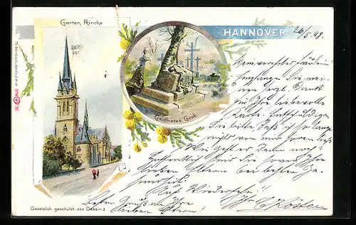 Lithographie Hannover, Garten Kirche, Geöffnetes Grab