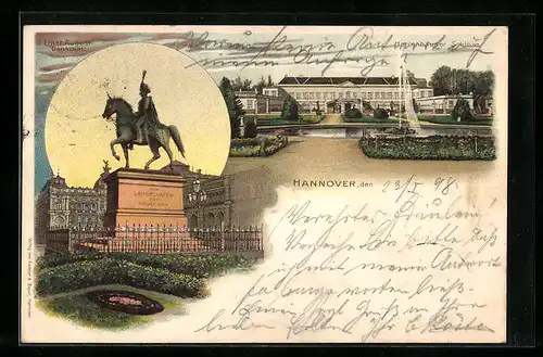 Lithographie Hannover, Schloss Herrenhausen und Reiterdenkmal mit Anlagen
