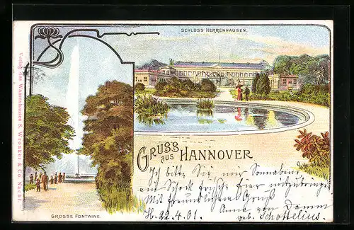 Lithographie Hannover, Schloss Herrenhausen und Grosse Fontaine