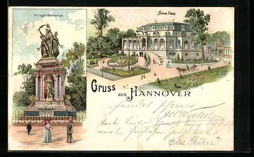 Lithographie Hannover, Kriegerdenkmal, Neues Haus
