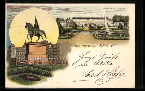 Lithographie Hannover, Herrenhauser Schloss, Ernst August-Denkmal