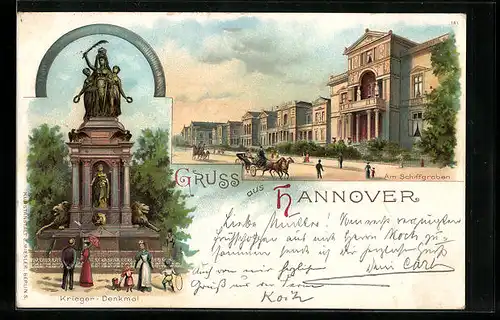 Lithographie Hannover, Am Schiffgraben, Krieger-Denkmal