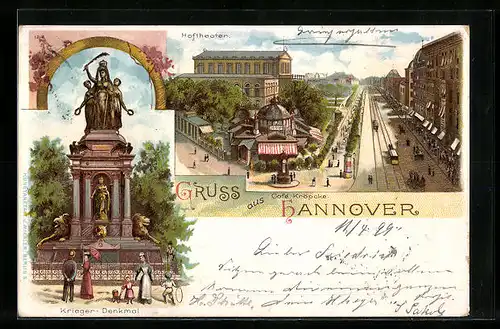 Lithographie Hannover, Strassenpartie mit Hoftheater und Cafe Kröpcke, Krieger-Denkmal