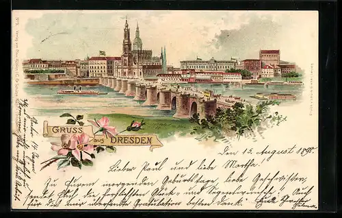 Lithographie Dresden, Dampfer passiert die Augustusbrücke