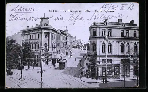 AK Sofia, Rue de Commerce, Strassenpartie mit Strassenbahn