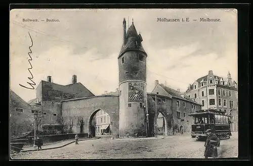 AK Mülhausen i. E., Bollwerk und Strassenbahn