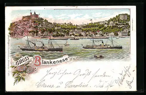 Lithographie Hamburg-Blankenese, Ortsansicht mit Dampfern