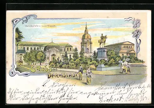 Lithographie Darmstadt, Paradeplatz mit neuem Museum und Denkmal