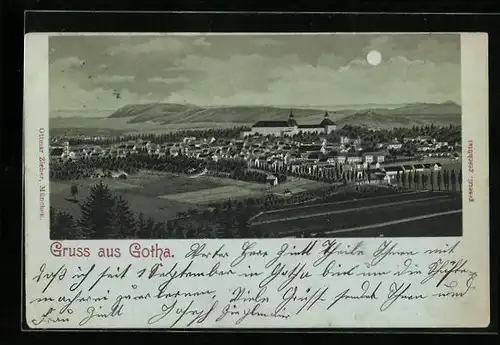 Mondschein-Lithographie Gotha, Gesamtansicht mit Umland aus der Vogelschau