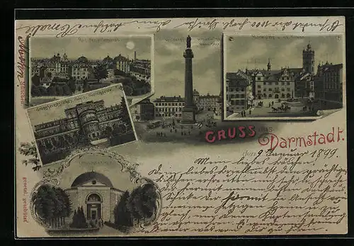 Mondschein-Lithographie Darmstadt, Residenz-Schloss, Marktplatz, Luisenplatz