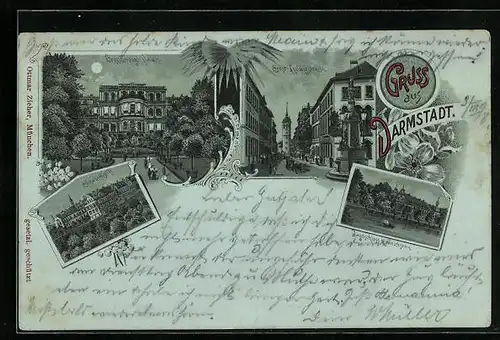 Mondschein-Lithographie Darmstadt, Grossherzogl. Palais, Ernst-Ludwigstrasse