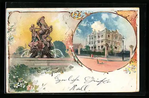 Lithographie Fürth i. B., Haus der Freimaurerloge, Kunstbrunnen