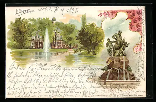 Lithographie Fürth, Stadtpark mit Kunstbrunnen