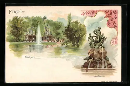 Lithographie Fürth, Stadtpark mit Kunstbrunnen