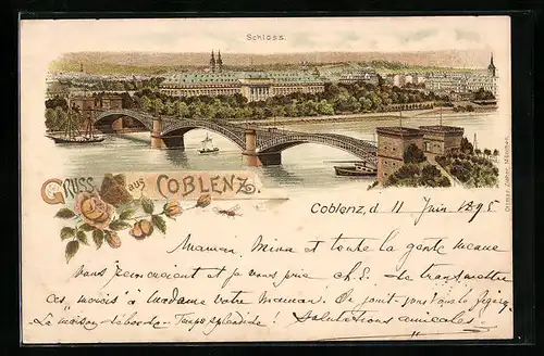 Lithographie Coblenz, Ortsansicht mit Brücke und Schloss aus der Vogelschau